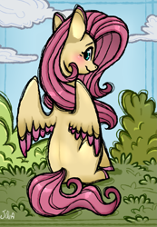 Size: 1527x2202 | Tagged: safe, artist:twixyamber, fluttershy, pony, g4, blushing, colored hooves, colored wings, colored wingtips, cute, female, looking at you, looking back, looking over shoulder, looking sideways, missing cutie mark, profile, shyabetes, sitting, solo