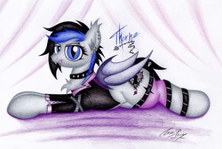 Size: 3064x2057 | Tagged: safe, artist:thechrispony, oc, oc only, oc:thorne, bat pony, pony, collar, high res, piercing, prone, solo, traditional art