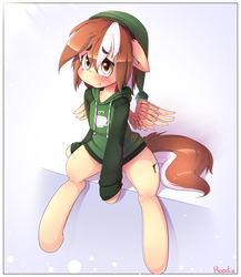 Size: 2000x2300 | Tagged: safe, artist:hoodie, oc, oc only, oc:mocha latte, pegasus, pony, semi-anthro, blushing, bottomless, clothes, commission, cute, ear fluff, hat, high res, hoodie, looking at you, partial nudity, sitting, smiling, solo