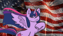 Size: 1024x587 | Tagged: safe, artist:nokno, twilight sparkle, alicorn, pony, g4, 4th of july, american flag, american independence day, female, fireworks, flag, holiday, mare, solo, song reference, star spangled banner, twilight sparkle (alicorn), united states