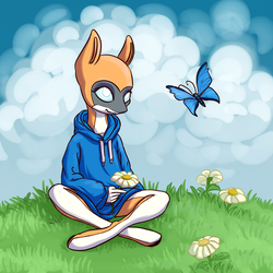 Size: 2500x2500 | Tagged: safe, artist:kovoranu, oc, oc only, oc:kiva, butterfly, original species, robot, robot pony, anthro, unguligrade anthro, calm, clothes, crossed legs, female, flower, high res, hoodie, sitting, smiling, solo