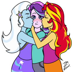Size: 1538x1529 | Tagged: safe, artist:jonerico, starlight glimmer, sunset shimmer, trixie, human, equestria girls, equestria girls specials, g4, beanie, blushing, cheek kiss, clothes, eyes closed, female, hat, kiss sandwich, kissing, lesbian, lgbt, pants, ship:shimmerglimmer, ship:startrix, shipping, signature, simple background, skirt, startrixset, transparent background, trio