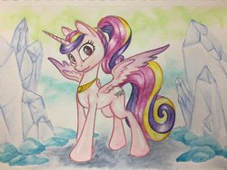 Size: 1024x768 | Tagged: safe, artist:grokostimpy, princess cadance, alicorn, pony, g4, female, looking at you, mare, mother, ponytail, smiling, solo, spread wings, traditional art, wings