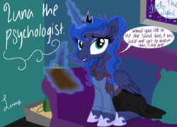 Size: 4823x3445 | Tagged: safe, artist:darkest-lunar-flower, princess luna, alicorn, pony, g4, absurd resolution, chest fluff, clipboard, clothes, couch, dialogue, female, levitation, looking at you, magic, mare, picture frame, psychologist, sandbox, sitting, smiling, solo, telekinesis