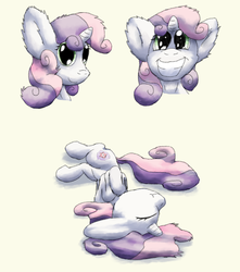 Size: 5123x5788 | Tagged: safe, artist:firefanatic, sweetie belle, pony, unicorn, g4, absurd resolution, alternate cutie mark, behaving like a cat, cute, diasweetes, female, filly, fluffy, impossibly large ears, lying down, on back, solo