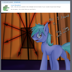 Size: 1226x1226 | Tagged: safe, artist:wulfanite, oc, oc only, oc:mimicry, earth pony, pony, ask, chaos, chaos symbol, locked out, night, symbol, tumblr