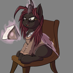 Size: 2000x2000 | Tagged: safe, oc, oc only, oc:invictia sadie, changeling, 4chan, chair, changeling oc, clothes, cute, cute little fangs, drawthread, fangs, glasses, high res, magic, red changeling, simple background, sitting, solo, sweater, telekinesis