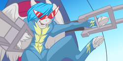 Size: 4200x2100 | Tagged: safe, artist:foxenawolf, oc, oc only, oc:air mach, pony, fanfic:piercing the heavens, fanfic art, high res, kamina, kamina sunglasses, tengen toppa gurren lagann, wonderbolts