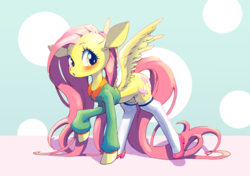 Size: 2026x1427 | Tagged: safe, artist:unousaya, fluttershy, pegasus, pony, g4, blushing, clothes, cute, female, high heels, looking sideways, mare, raised hoof, shoes, shyabetes, solo, spread wings, stockings, thigh highs, wings