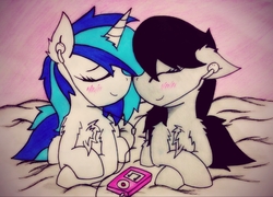 Size: 1991x1433 | Tagged: safe, artist:canvymamamoo, dj pon-3, octavia melody, vinyl scratch, earth pony, pony, unicorn, g4, blushing, boop, chest fluff, eyes closed, female, ipod, lesbian, mare, mp3 player, music, noseboop, sharing headphones, ship:scratchtavia, shipping, traditional art