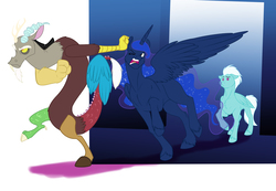 Size: 3900x2700 | Tagged: safe, artist:foxenawolf, discord, fleetfoot, princess luna, alicorn, draconequus, pegasus, pony, fanfic:piercing the heavens, g4, angry, breaking the fourth wall, ear pull, fanfic art, high res, wonderbolts