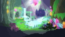 Size: 1920x1080 | Tagged: safe, screencap, maud pie, starlight glimmer, earth pony, pony, g4, rock solid friendship, animated, cave, crystal, female, gem, gif, glowing, glowing gems, grotto, lake, maud's cave, moss, mushroom, plant, scenery, scenery porn, underground, waterfall