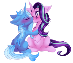 Size: 1161x1000 | Tagged: safe, artist:zephyrii, starlight glimmer, trixie, pony, unicorn, g4, blushing, cheek kiss, duo, female, kissing, lesbian, mare, one eye closed, ship:startrix, shipping, simple background, transparent background