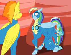 Size: 3900x3000 | Tagged: safe, artist:foxenawolf, fleetfoot, rainbow dash, spitfire, pony, fanfic:piercing the heavens, g4, clothes, fanfic art, hiding, high res, uniform, wonderbolts, wonderbolts uniform