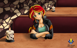 Size: 2975x1892 | Tagged: dead source, safe, artist:penspark, sunset shimmer, equestria girls, g4, beautiful, breasts, busty sunset shimmer, candle, cleavage, clothes, cute, female, human coloration, jacket, looking at you, shimmerbetes, sitting, smiling, solo, table