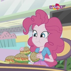 Size: 629x633 | Tagged: safe, screencap, pinkie pie, equestria girls, equestria girls specials, g4, my little pony equestria girls: mirror magic, burger, cropped, cupcake, cute, female, food, oat burger, oats, smiling, solo, teletoon, that human sure does love burgers