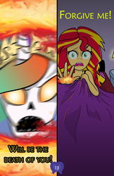 Size: 2650x4095 | Tagged: safe, artist:deannaphantom13, princess celestia, sunset shimmer, pony, comic:equestrian city, equestria girls, g4, bed, comic, death threat, dream, equestrian city, fire, high res, nightmare, nightmare fuel, threat