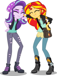 Size: 1343x1800 | Tagged: safe, artist:seahawk270, starlight glimmer, sunset shimmer, equestria girls, equestria girls specials, g4, my little pony equestria girls: mirror magic, bag, clothes, duo, eyes closed, jacket, laughing, pants, shirt, simple background, smiling, transparent background, vector, vest