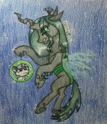 Size: 1726x2000 | Tagged: safe, artist:raritylover152, queen chrysalis, shining armor, changeling, changeling queen, pony, unicorn, g4, crying, ear fluff, female, magic, male, ship:shining chrysalis, shipping, stallion, straight, traditional art