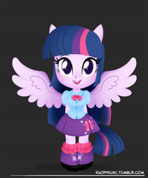 Size: 700x838 | Tagged: safe, artist:egophiliac, twilight sparkle, equestria girls, g4, blouse, chibi, clothes, cute, female, looking at you, open mouth, ponied up, skirt, smiling, solo, twiabetes, twilight sparkle (alicorn), wings