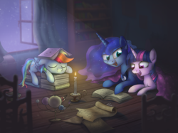 Size: 3069x2301 | Tagged: safe, artist:helmie-art, princess luna, rainbow dash, twilight sparkle, alicorn, pegasus, pony, g4, blanket, book, book hat, candle, cute, dashabetes, female, high res, lidded eyes, mare, night, open mouth, orrery, prone, reading, sleeping, smiling, stars, trio, twilight sparkle (alicorn), window