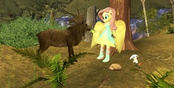 Size: 1280x652 | Tagged: safe, artist:horsesplease, angel bunny, fluttershy, butterfly, deer, hedgehog, equestria girls, g4, 3d, boots, carrot, clothes, dress, fall formal outfits, feeding, food, forest, gmod, high heel boots, lettuce, nature, tree, winged humanization, wings