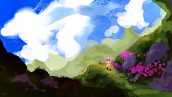 Size: 4800x2700 | Tagged: safe, artist:thefloatingtree, fluttershy, pony, g4, cloud, female, high res, looking away, looking up, mare, scenery, sky, smiling, solo, walking