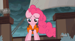 Size: 896x491 | Tagged: safe, edit, edited screencap, editor:eagle1division, screencap, pinkie pie, earth pony, pony, g4, ppov, animated, boat, discovery family logo, female, games, gif, ocean, open mouth, reversed, sad, solo, storm