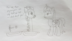 Size: 4032x2268 | Tagged: safe, artist:parclytaxel, clementine, oc, oc:parcly taxel, alicorn, giraffe, pony, ain't never had friends like us, albumin flask, g4, alicorn oc, female, high res, hong kong, horn, horn ring, lineart, luggage, mare, monochrome, parcly in hong kong, pencil drawing, stare, staring contest, story included, surprised, traditional art, wide eyes