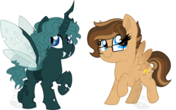 Size: 1024x642 | Tagged: safe, artist:tambelon, oc, oc only, oc:pariah, oc:star sketcher, changeling, pegasus, pony, changeling oc, chibi, duo, female, glasses, mare, simple background, transparent background, watermark