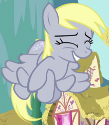 Size: 700x800 | Tagged: safe, screencap, derpy hooves, pegasus, pony, g4, slice of life (episode), cropped, crossed hooves, cute, derpabetes, eyes closed, female, flying, grin, mare, smiling, solo