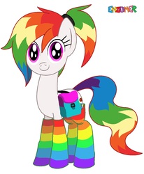 Size: 3032x3680 | Tagged: safe, artist:enzomersimpsons, oc, oc only, oc:skittles, earth pony, pony, clothes, female, high res, mare, ponytail, rainbow socks, saddle bag, simple background, socks, solo, striped socks, white background