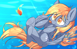 Size: 1190x770 | Tagged: safe, artist:kawaiipony2, derpy hooves, fish, pegasus, pony, g4, crepuscular rays, digital art, feather, female, flowing mane, flowing tail, mare, ocean, smiling, solo, spread wings, sunlight, swimming, tail, underwater, water, wings, yellow eyes, yellow mane, yellow tail