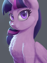 Size: 768x1024 | Tagged: safe, artist:grissaecrim, twilight sparkle, alicorn, pony, g4, bust, chest fluff, cute, female, fluffy, looking at you, simple background, solo, twiabetes, twilight sparkle (alicorn), watermark