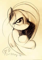 Size: 2017x2889 | Tagged: safe, artist:louislithium, fluttershy, pony, g4, bust, charcoal (medium), female, hair over one eye, high res, looking at you, looking sideways, looking up, mare, monochrome, portrait, sketch, solo, traditional art