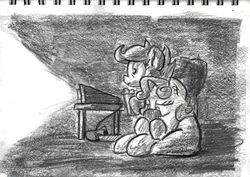 Size: 1270x901 | Tagged: safe, artist:shoeunit, scootaloo, sweetie belle, pony, g4, beanbag chair, cellphone, disinterested, duo, food, phone, popcorn, projector, traditional art