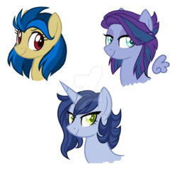 Size: 1024x1024 | Tagged: safe, artist:azure-art-wave, oc, oc only, earth pony, pegasus, pony, unicorn, bust, female, floating wings, magical lesbian spawn, mare, offspring, parent:daring do, parent:flash sentry, parent:limestone pie, parent:maud pie, parent:shining armor, parent:vinyl scratch, parents:daringscratch, parents:limearmor, parents:maudsentry, portrait, simple background, transparent background, watermark