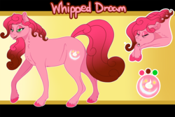 Size: 1350x900 | Tagged: safe, artist:bijutsuyoukai, oc, oc only, oc:whipped dream, earth pony, pony, drool, eyes closed, female, floppy ears, lidded eyes, mare, offspring, open mouth, parent:cheese sandwich, parent:pinkie pie, parents:cheesepie, reference sheet, sleeping, smiling, solo