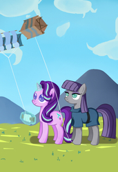 Size: 432x630 | Tagged: safe, artist:fernandasailor, maud pie, starlight glimmer, earth pony, pony, unicorn, g4, rock solid friendship, colored pupils, duo, kite, kite flying