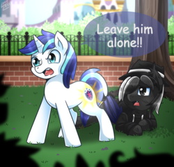Size: 1500x1440 | Tagged: safe, artist:vavacung, shining armor, oc, oc:shadow dash, bat pony, pony, unicorn, g4, angry, cutiespark, dialogue, fanfic, fanfic art, open mouth, protecting