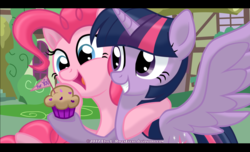 Size: 1298x788 | Tagged: safe, artist:ravenevert, pinkie pie, twilight sparkle, alicorn, pony, g4, cupcake, flag, food, happy, twilight sparkle (alicorn)