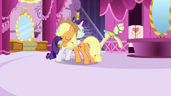 Size: 1280x720 | Tagged: safe, screencap, applejack, rarity, pony, g4, honest apple, bridle, butt, female, hug, mannequin, mare, plot, tack