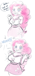 Size: 778x1677 | Tagged: safe, artist:vallycuts, pinkie pie, equestria girls, g4, big breasts, blushing, breast expansion, breasts, busty pinkie pie, cute, dialogue, diapinkes, female, growth, heart, simple background, sketch, solo, speech bubble, white background