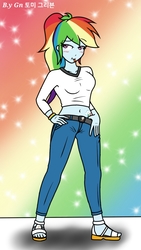 Size: 720x1280 | Tagged: safe, artist:ajrrhvk12, rainbow dash, equestria girls, g4, alternate hairstyle, belly button, blushing, breasts, clothes, female, hand on hip, midriff, pants, ponytail, sandals, shirt, short shirt, solo, tongue out
