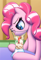 Size: 4500x6450 | Tagged: dead source, safe, artist:t.f.a.n.c.s., pinkie pie, earth pony, pony, g4, absurd resolution, cup, female, glass, licking, mare, milkshake, one eye closed, silly, silly pony, solo, tongue out