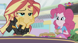 Size: 1136x638 | Tagged: safe, screencap, pinkie pie, sunset shimmer, equestria girls, equestria girls specials, g4, my little pony equestria girls: mirror magic, burger, canterlot mall, duo, duo female, eating, female, food, geode of empathy, hamburger, magical geodes, oat burger, oats, serving tray, smiling, teletoon, that human sure does love burgers, worried