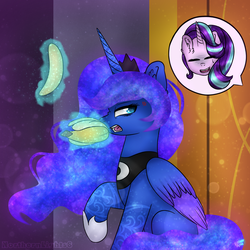 Size: 1024x1024 | Tagged: safe, artist:northlights8, princess luna, starlight glimmer, alicorn, pony, unicorn, a royal problem, g4, my little pony: friendship is magic, banana, food, magic, telekinesis