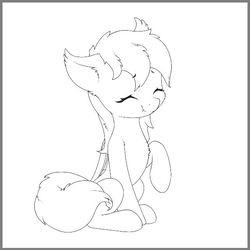 Size: 597x596 | Tagged: safe, artist:freeedon, oc, oc only, bat pony, pony, eyes closed, female, folded wings, happy, lineart, mare, monochrome, raised hoof, sitting, sketch, smiling, solo