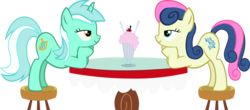 Size: 7717x3401 | Tagged: safe, artist:ironm17, bon bon, lyra heartstrings, sweetie drops, earth pony, pony, unicorn, g4, absurd resolution, bedroom eyes, cherry, date, eye contact, female, food, lesbian, looking at each other, love, milkshake, romance, sharing a drink, ship:lyrabon, shipping, simple background, stool, straw, table, transparent background, vector