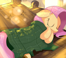 Size: 2800x2500 | Tagged: safe, artist:modak, fluttershy, pony, g4, blanket, couch, crepuscular rays, cute, eyes closed, female, floppy ears, high res, morning, shyabetes, sleeping, solo